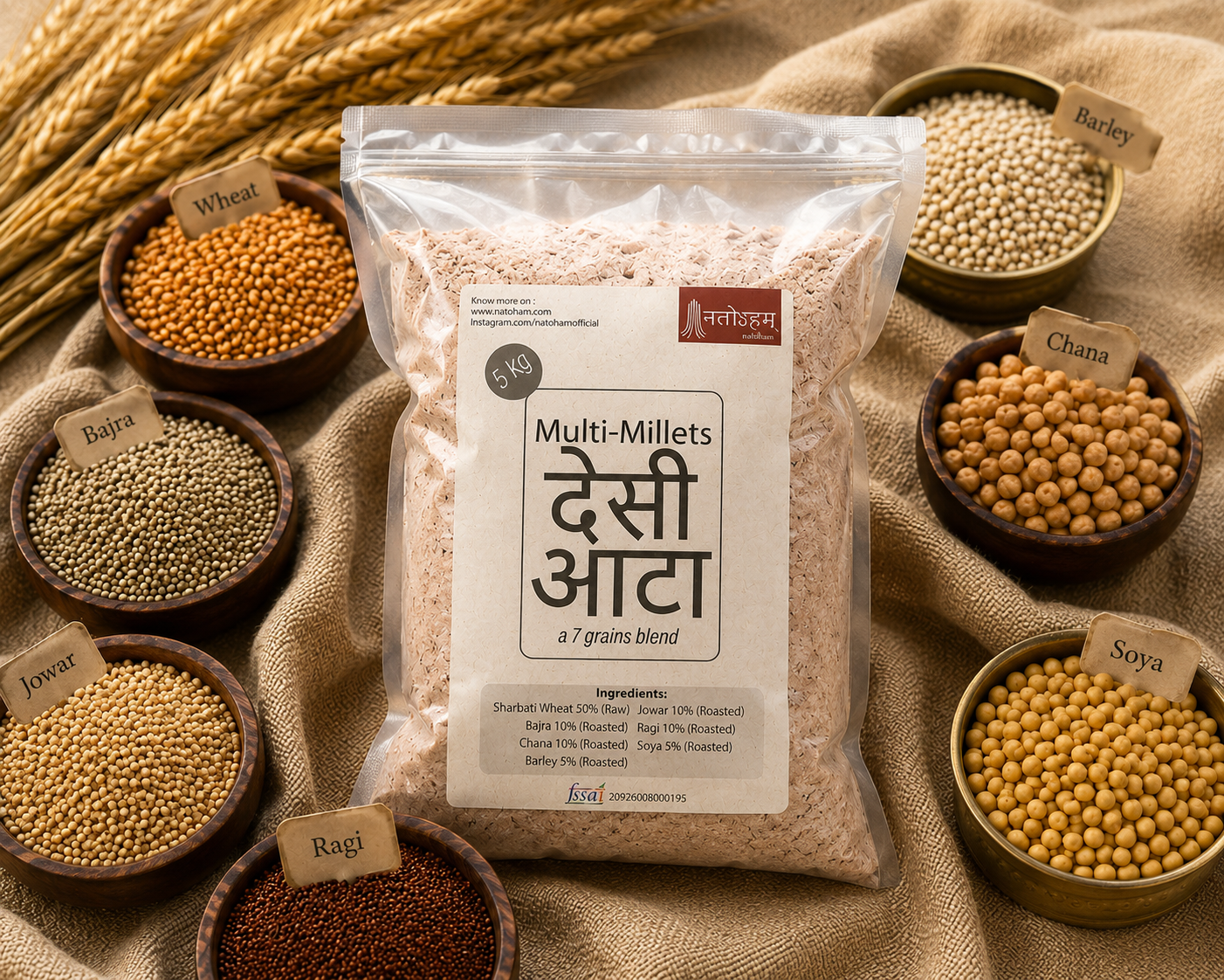 Stack of soft rotis on a plate with labelled bowls of wheat, bajra, jowar, ragi, chana, soya and barley