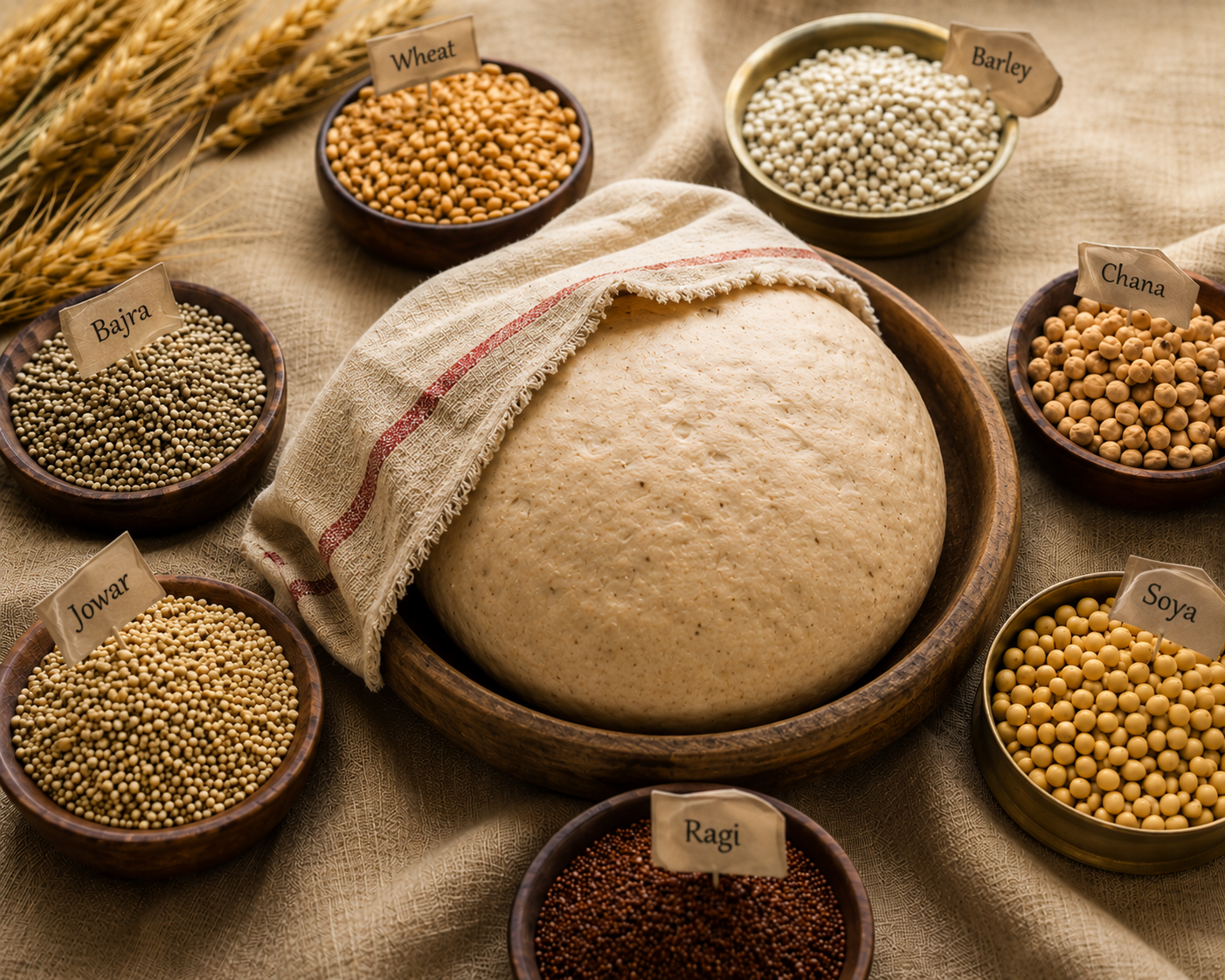 Fluffy stacked rotis surrounded by bowls of the seven grains