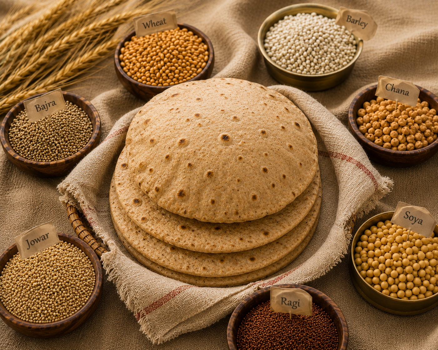 Fresh देसी atta dough ball surrounded by bowls of the seven grains