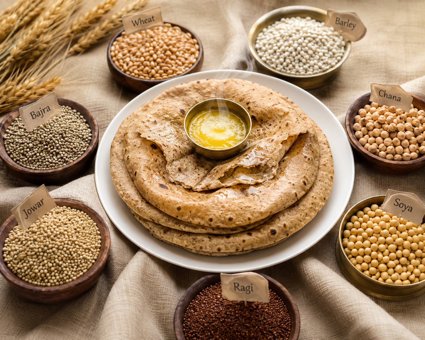 Natoham देसी Atta pack surrounded by bowls of the seven grains